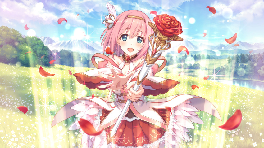blue_eyes cygames flower hair_ornament hairband kusano_yui meadow mountain official_art petals pink_hair princess_connect! rose staff