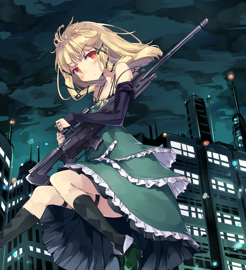 black_bullet blonde_hair blush cloud cloudy_sky detached_sleeves dress frilled_dress frills gun hair_ornament highres holding holding_gun holding_weapon layered_dress long_hair looking_at_viewer night normaland psg-1 red_eyes rifle sky sleeveless sleeveless_dress sniper_rifle solo standing tina_sprout weapon