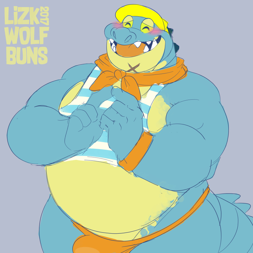 2017 absurd_res anthro belly blush bulge clothed clothing crocodile crocodilian hi_res likzbuns makara male obese overweight reptile scalie scarf shirt smile speedo swimsuit tokyo_afterschool_summoners visor_cap