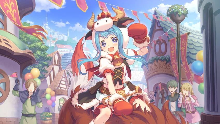 :d animal_ears bell blue_hair cow_bell cow_ears cow_hood crown cygames extra faceless faceless_female faceless_male festival fur_trim gloves horns noto_mahiru official_art open_mouth princess_connect! purple_eyes smile