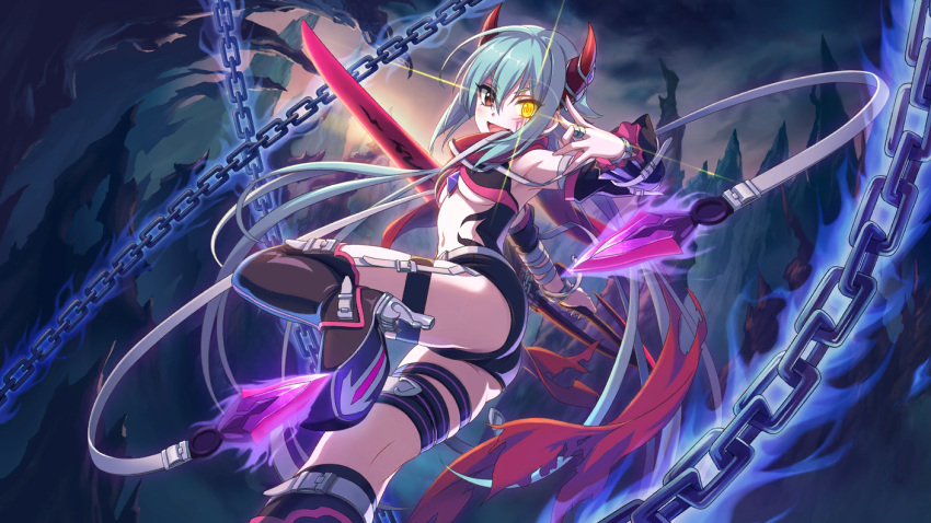 ass blue_hair chain chuunibyou cygames heterochromia high_heels hiiragi_anna horns jewelry official_art princess_connect! red_eyes ring scarf shorts sword weapon