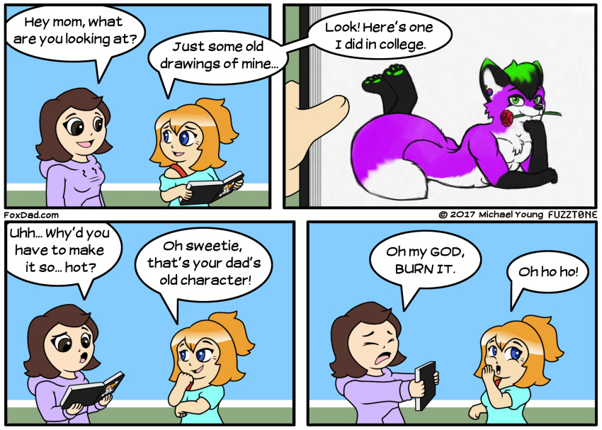 canine claire_(foxdad) clothed clothing comic dialogue duo female fox fuzzt0ne hair human human_only mammal otamom speech_bubble young_foxdad