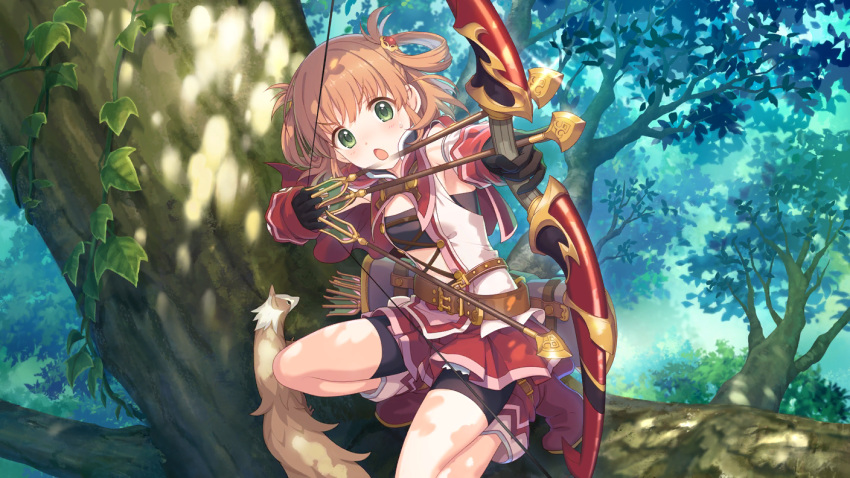 arrow bow bow_(weapon) brown_hair chestnut_mouth cygames green_eyes inosaki_rino official_art open_mouth plant princess_connect! shorts shorts_under_skirt squatting strapless tree tubetop v-shaped_eyebrows vines weapon