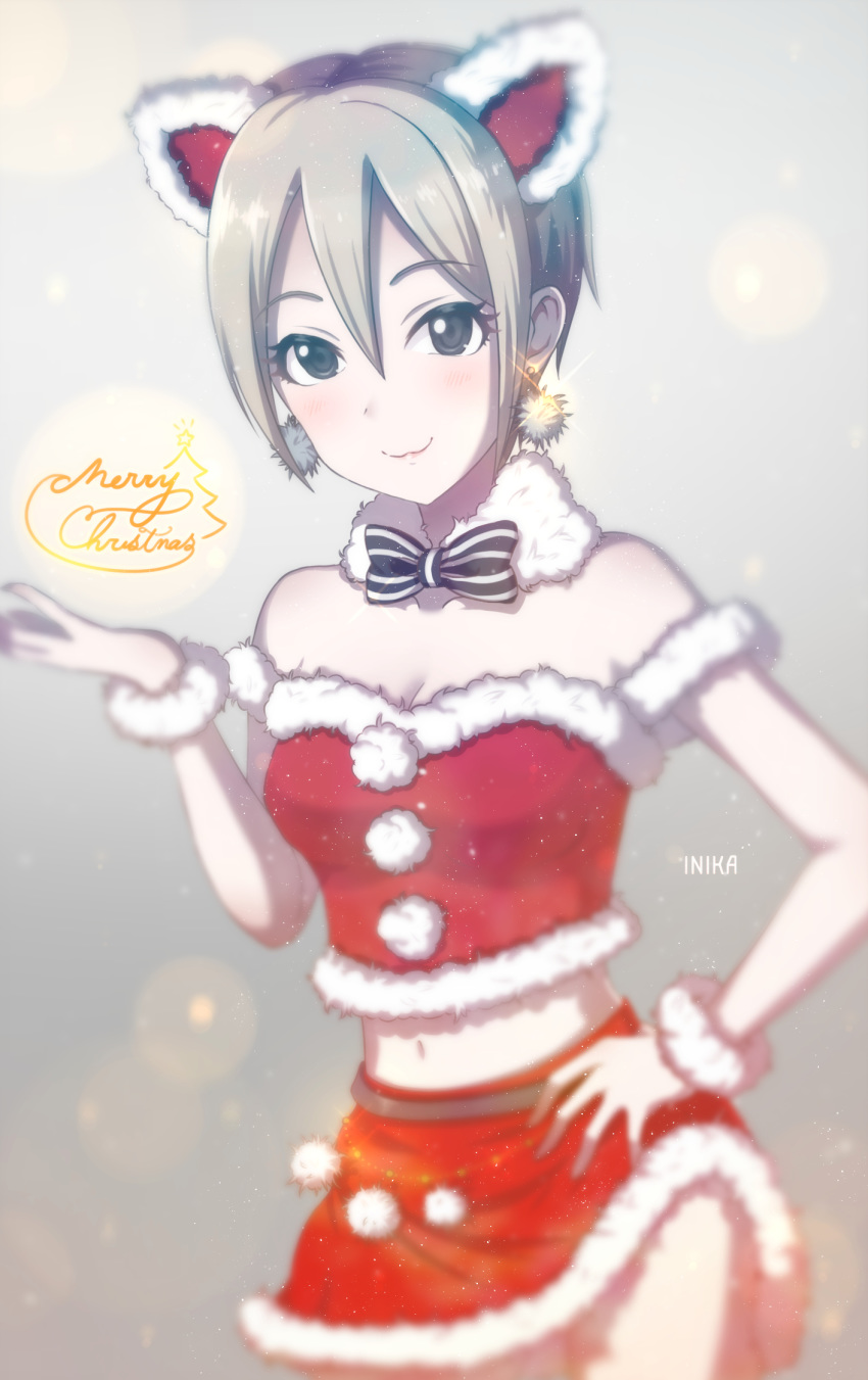 :3 animal_ears artist_name bad_id bad_pixiv_id bare_shoulders black_bow black_eyes blush bow breasts cat_ears christmas cleavage closed_mouth collarbone earrings eyebrows_visible_through_hair fake_animal_ears grey_hair hand_on_hip highres idolmaster idolmaster_cinderella_girls inika jewelry looking_at_viewer medium_breasts merry_christmas red_skirt santa_costume shiomi_shuuko skirt smile solo striped striped_bow white_bow