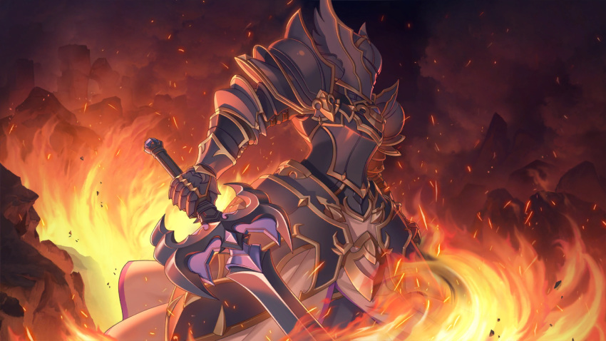 black_armor cygames fire full_armor official_art princess_connect! shirogane_jun sword weapon