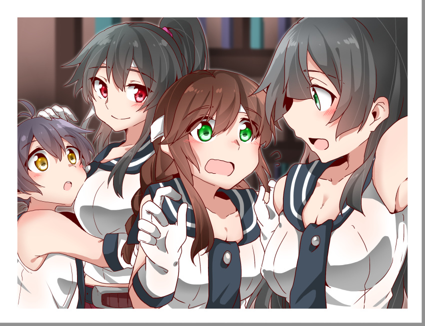 agano_(kantai_collection) ahoge armpits bare_shoulders black_hair blush braid breasts brown_hair cleavage collarbone gloves green_eyes highres kantai_collection kuuya_(ayahata43) large_breasts long_hair looking_at_another multiple_girls noshiro_(kantai_collection) open_mouth pink_hair ponytail red_eyes sailor_collar sakawa_(kantai_collection) short_hair small_breasts smile twin_braids white_gloves white_headband yahagi_(kantai_collection) yellow_eyes