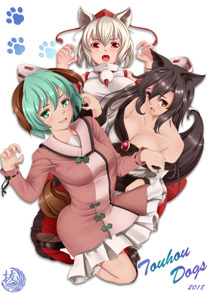 3girls animal_ears bare_shoulders breasts brooch brown_hair chinese_zodiac cleavage collarbone commentary_request detached_sleeves dog_ears dog_tail dress fang fangs green_eyes green_hair hat highres imaizumi_kagerou inubashiri_momiji jewelry kasodani_kyouko large_breasts long_sleeves multiple_girls nuppa off_shoulder open_mouth orange_eyes pink_dress pom_pom_(clothes) red_eyes ribbon-trimmed_sleeves ribbon_trim shirt short_hair silver_hair simple_background sleeveless sleeveless_shirt small_breasts tail tokin_hat touhou turtleneck watermark white_background white_shirt wide_sleeves wolf_ears wolf_tail year_of_the_dog