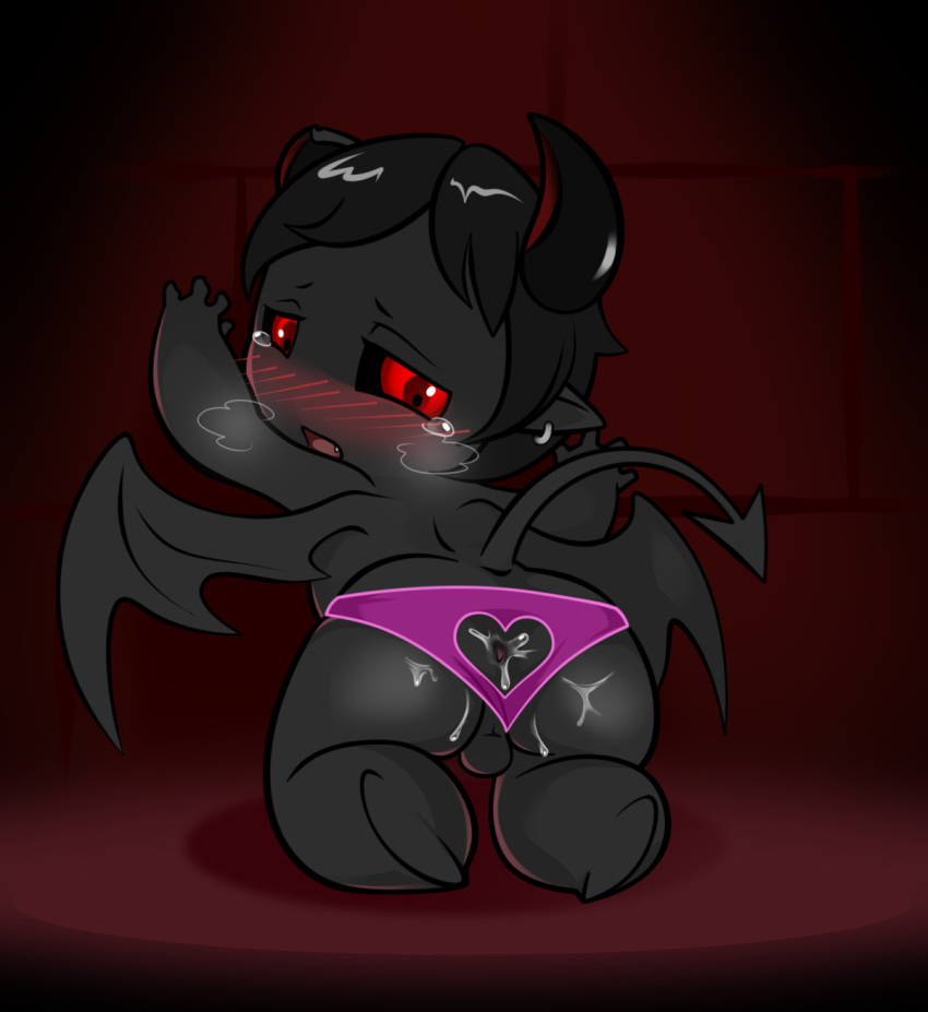 anus azazel_(tboi) backsack balls black_hair blush butt clothing cum cum_in_ass cum_inside cum_on_butt cute demon ear_piercing fangs girly glowing glowing_eyes hair horn male mammal membranous_wings not_furry panties piercing presenting presenting_hindquarters red_eyes simple_background the_binding_of_isaac the_binding_of_isaac_rebirth underwear wings