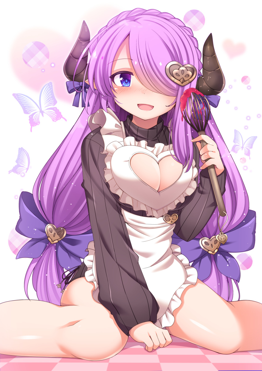 apron bangs blue_eyes blush bow braid breasts bug butterfly checkered checkered_floor cleavage cleavage_cutout commentary_request crown_braid draph dress frilled_apron frills granblue_fantasy hair_ornament hair_over_one_eye heart heart_cutout heart_hair_ornament highres horn_bow horn_ribbon horns insect large_breasts long_hair long_sleeves looking_at_viewer low-tied_long_hair meme_attire narmaya_(granblue_fantasy) open-chest_sweater open_mouth pointy_ears purple_bow purple_hair purple_ribbon ribbed_sweater ribbon sitting smile snow_(gi66gotyo) solo sweater sweater_dress turtleneck turtleneck_sweater twintails valentine waist_apron wariza whisk white_apron