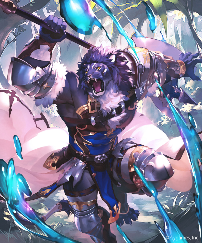 2019 afd-yred anthro claws clothed clothing cygames digital_media_(artwork) fangs felid lion male mammal open_mouth pantherine shadowverse solo toe_claws tongue tuft weapon whiskers