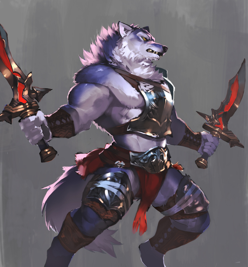 2018 5_fingers afd-yred anthro canid canine canis clothed clothing digital_media_(artwork) fangs fur male mammal melee_weapon multicolored_fur muscular muscular_male solo standing sword two_tone_fur weapon wolf yellow_eyes