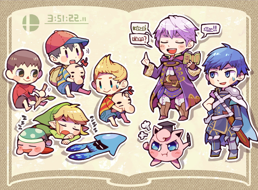 angry armor blonde_hair blue_eyes blue_hair book cape chibi creatures_(company) doseisan doubutsu_no_mori eyes_closed fire_emblem fire_emblem:_kakusei game_freak gen_1_pokemon gloves hat inkling jewelry jigglypuff kirby kirby_(series) krom link lucas male_my_unit_(fire_emblem:_kakusei) mamkute mother_(game) mother_2 mother_3 my_unit_(fire_emblem:_kakusei) ness nintendo open_mouth pokemon pokemon_(creature) robe short_hair simple_background sleeping splatoon_(series) squid stick super_smash_bros. super_smash_bros._ultimate teijiro the_legend_of_zelda the_legend_of_zelda:_the_wind_waker tiara toon_link villager_(doubutsu_no_mori)