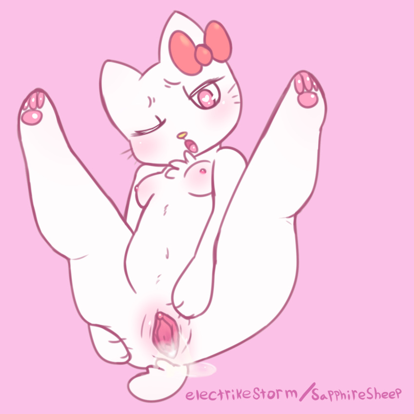 &lt;3 &lt;3_eyes 2018 anthro belly breasts cat clitoris electrikestorm feline female hair_bow hair_ribbon hello_kitty hello_kitty_(character) hi_res mammal navel nipples nude one_eye_closed open_mouth pawpads pink_background pink_eyes pink_pawpads pussy pussy_juice ribbons sanrio simple_background small_breasts small_tail solo spread_legs spread_pussy spreading thick_thighs yellow_nose