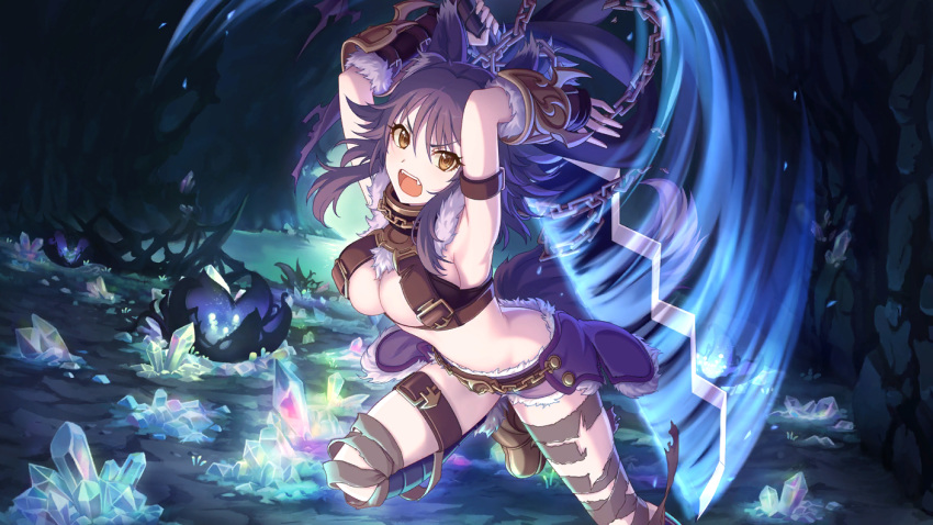 aki_makoto animal_ears armpits bandages breasts brown_eyes cleavage_cutout cygames fang large_breasts official_art princess_connect! purple_hair shorts sword tail weapon wolf_ears wolf_tail