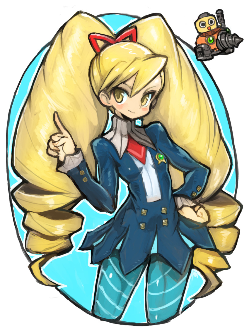 1girl badge blonde_hair blue_legwear blush capcom dakusuta hair_ornament hand_gesture hand_on_hips legwear long_hair looking_to_the_side rockman ryuusei_no_rockman school_uniform shirogna_luna small_breasts smile solo_focus twintails