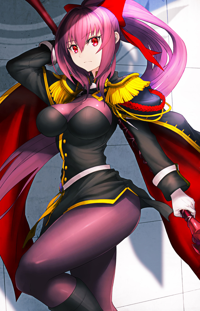 alternate_hairstyle breasts epaulettes eyebrows_visible_through_hair fate/grand_order fate_(series) gae_bolg hair_ribbon highres holding holding_spear holding_weapon large_breasts long_hair looking_at_viewer polearm ponytail purple_hair red_eyes ribbon scathach_(fate)_(all) scathach_(fate/grand_order) solo spear srsojiro very_long_hair weapon