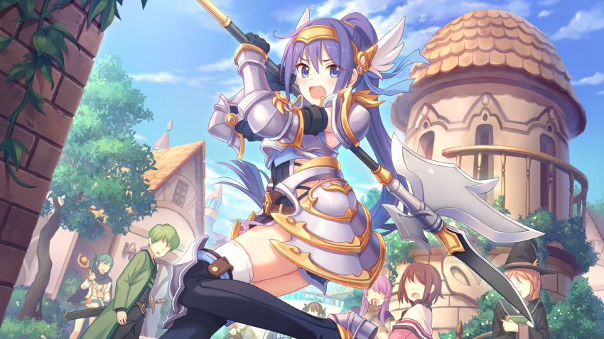 armor boots cygames extra headband knee_boots official_art ogami_mifuyu polearm ponytail princess_connect! purple_eyes purple_hair weapon