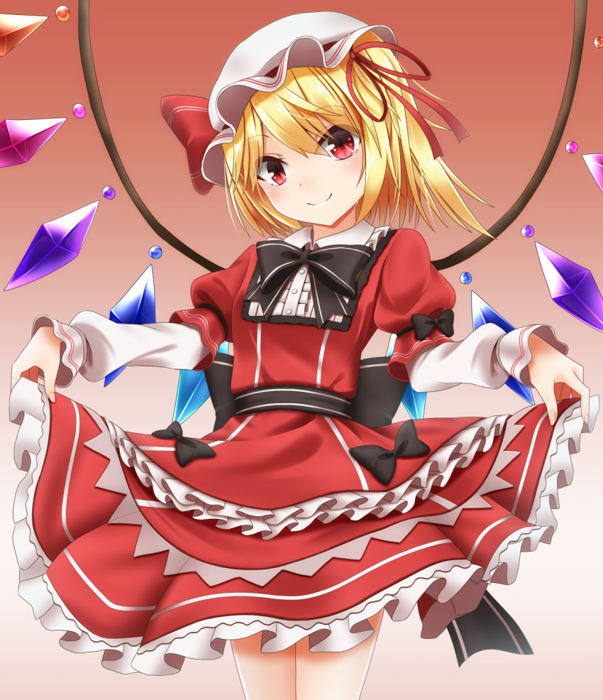 black_bow blonde_hair bow cowboy_shot dress embellished_costume eyebrows_visible_through_hair fingernails flandre_scarlet frilled_dress frills gradient gradient_background hair_between_eyes hair_ribbon hat hat_ribbon head_tilt highres layered_dress layered_sleeves lifted_by_self looking_at_viewer mob_cap puffy_short_sleeves puffy_sleeves red_background red_dress red_eyes ribbon santarou short_hair short_sleeves side_ponytail skirt_hold smile solo striped striped_dress touhou wings