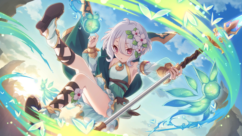 cygames elf flower hair_flower hair_ornament kokkoro_(princess_connect!) official_art pointy_ears polearm princess_connect! red_eyes spear weapon white_hair