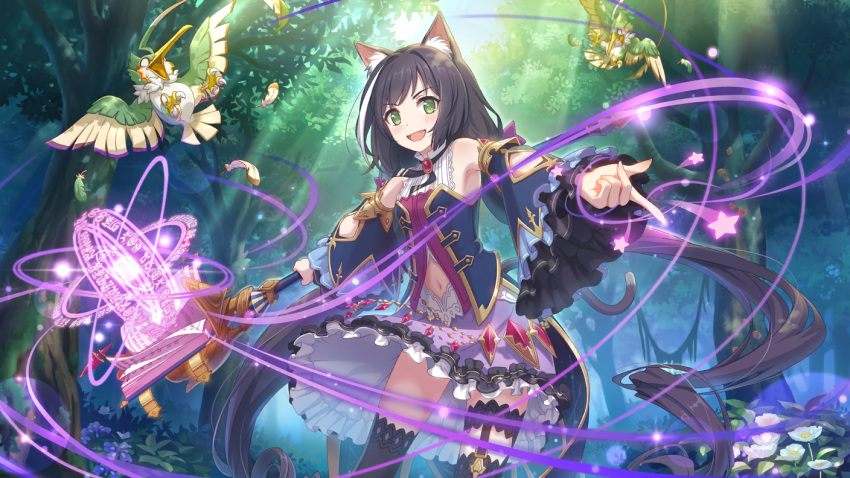 animal_ears bare_shoulders bird black_hair cat_ears cat_tail cygames forest green_eyes highlights kneehighs kyaru_(princess_connect) multicolored_hair nature navel official_art princess_connect! staff tail