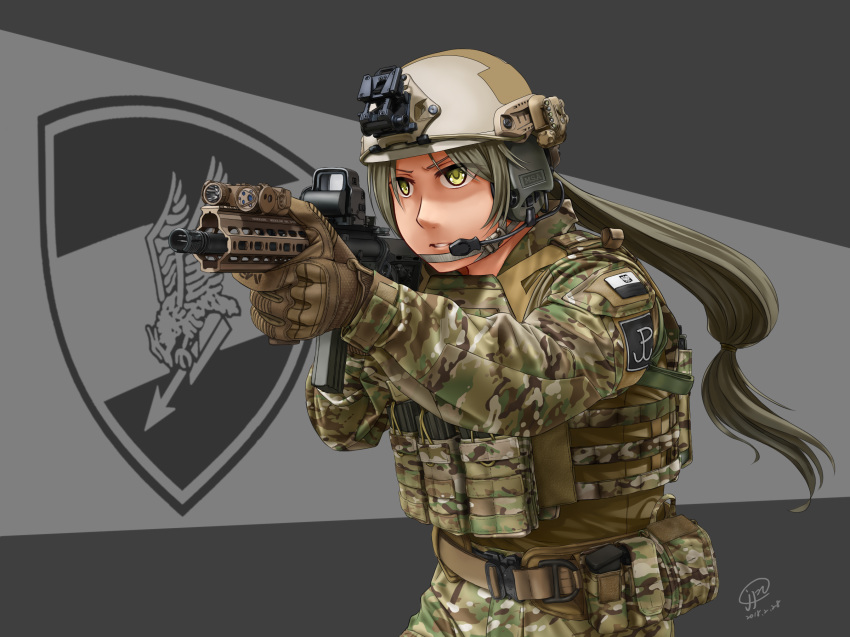 aiming assault_rifle badge camouflage commentary gloves gun heckler_&amp;_koch helmet highres hk416 jpc magazine_(weapon) military military_operator military_uniform multicam_(camo) original poland rifle tactical_clothes uniform weapon