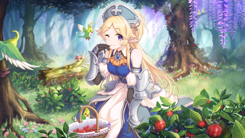 arm_guards ayase_yukari bare_shoulders berries bird blonde_hair cross cygames forest hat long_hair nature official_art pointy_ears princess_connect! purple_eyes