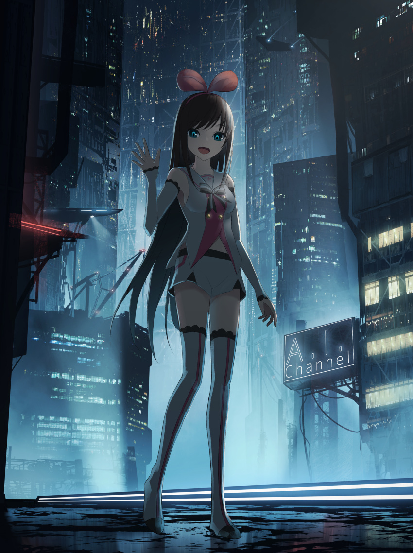 :d a.i._channel absurdres asuteroid black_hair blue_eyes boots bow breasts character_name copyright_name detached_sleeves floating_hair full_body hair_bow highres kizuna_ai long_hair looking_at_viewer medium_breasts midriff night open_mouth outdoors red_bow road short_shorts shorts sleeveless smile solo standing stomach street thigh_boots thighhighs very_long_hair virtual_youtuber white_footwear white_shorts