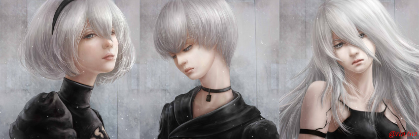 2girls android black_shirt bob_cut breasts choker closed_mouth collarbone commentary_request face grey_background grey_eyes grey_hair hair_between_eyes highres lips long_hair looking_at_viewer looking_away looking_down multiple_girls nier_(series) nier_automata nose parted_lips realistic serious shirt short_hair signature sleeveless small_breasts tiara turtleneck wariko yorha_no._2_type_b yorha_no._9_type_s yorha_type_a_no._2