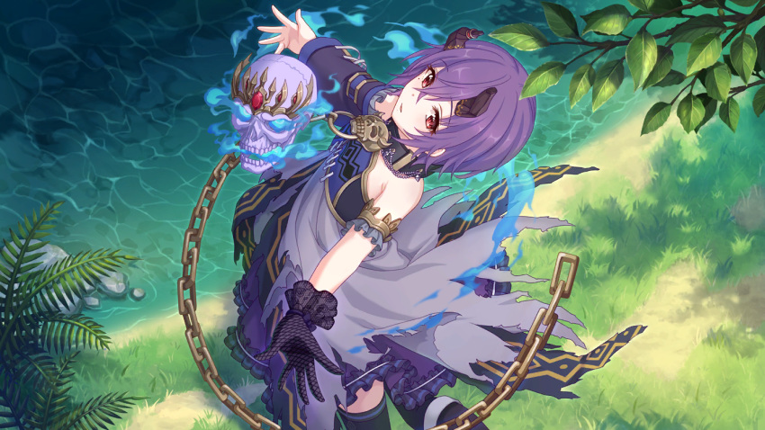 bare_shoulders chain cygames gloves horns kamiki_shinobu official_art princess_connect! purple_hair red_eyes skull torn_clothes water