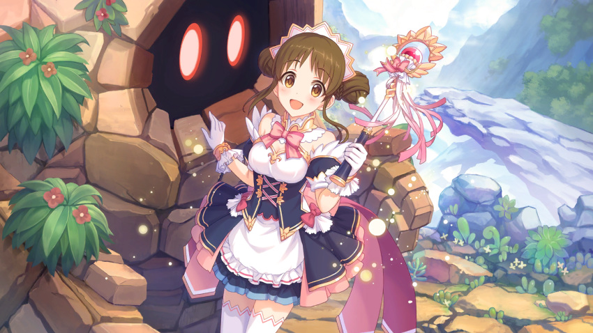 amano_suzume brown_eyes brown_hair cygames gloves golem maid maid_headdress official_art princess_connect! thighhighs wand
