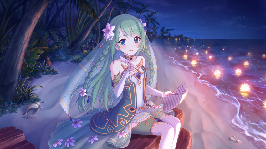 beach blue_eyes braid cygames elbow_gloves flower gloves green_hair hair_flower hair_ornament long_hair misumi_chika official_art pen princess_connect! sheet_music