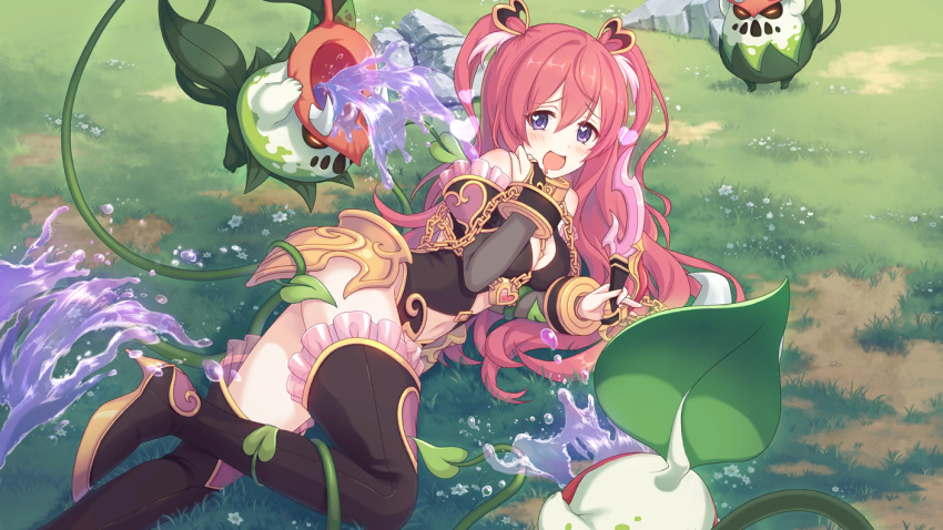 boots chain cygames heart high_heels masochism monster navel official_art pink_hair princess_connect! purple_eyes thigh_boots thighhighs tomi_kuka twintails