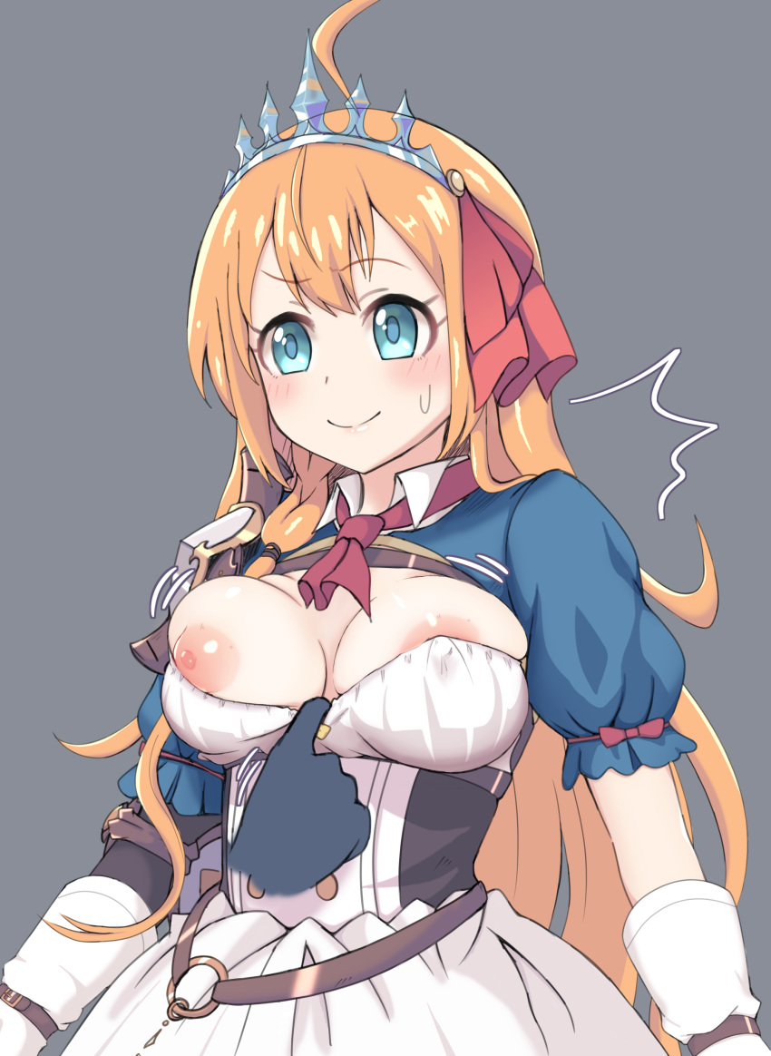 absurdres ahoge blonde_hair blue_eyes blush breasts commentary_request crown dress gloves highres long_hair medium_breasts nipple_slip nipples pauldrons pecorine princess_connect! princess_connect!_re:dive short_sleeves wasabi_(nmrw4477)