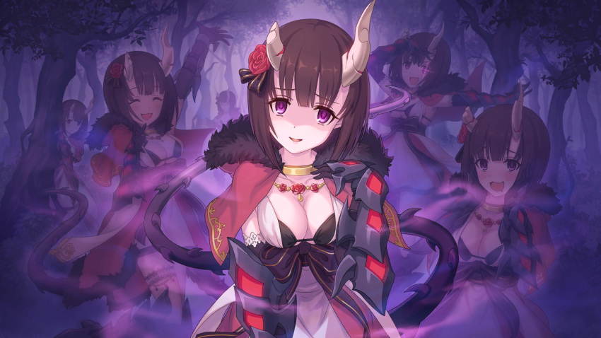 afterimage arm_guards breasts broken_horn brown_hair capelet cleavage cygames demon_tail drooling flower fog hair_flower hair_ornament hiding horns kuraishi_eriko medium_breasts official_art princess_connect! purple_eyes shaded_face sparkling_eyes tail