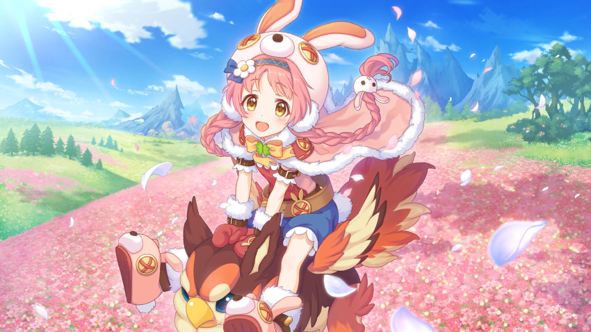 akane_mimi animal_hat animal_slippers braid bunny_hat bunny_slippers cygames field flower flower_field hairband hat monster official_art pink_hair princess_connect! riding twintails yellow_eyes