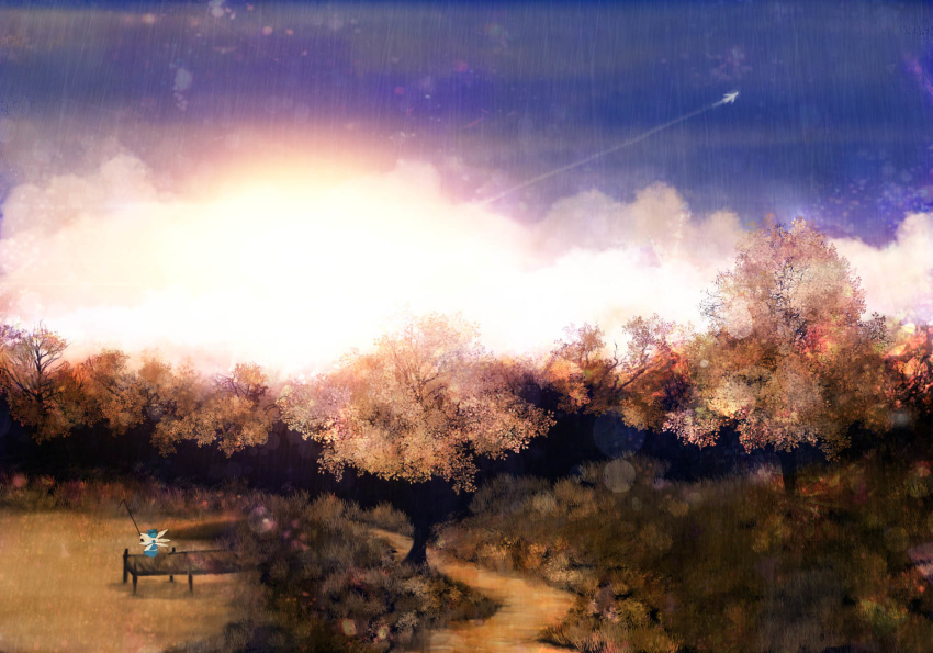 aircraft airplane akyuun anachronism blue_dress blue_hair cirno commentary condensation_trail dress fishing fishing_rod grass highres ice ice_wings lake landscape path pier road scenery sitting sky solo sun touhou tree wings