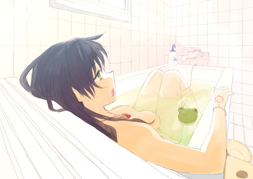 alternate_eye_color bath bathing bathroom bathtub bottle bracelet breasts brown_hair commentary_request eyebrows_visible_through_hair fate_(series) foreshortening frog green_eyes hand_tattoo indoors jewelry long_hair medium_breasts necklace nishi_tanuki nude open_mouth perspective solo sunlight tattoo thighs tile_wall tiles toosaka_rin water window