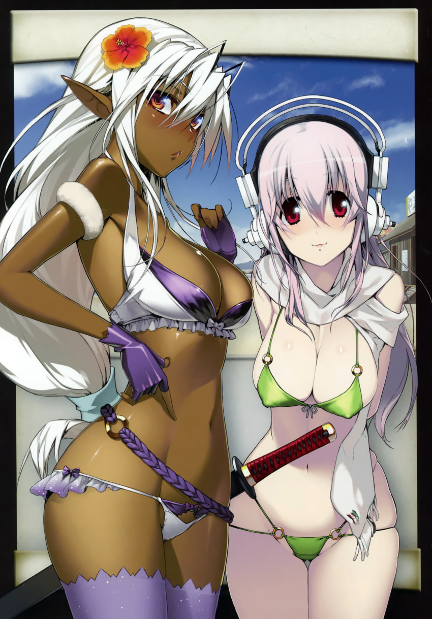 :&lt; absurdres antenna_hair arms_behind_back bare_shoulders bikini blush breasts cleavage covered_nipples crossover dark_elf dark_skin day elf fingerless_gloves flower gloves green_bikini hair_between_eyes hair_flower hair_ornament headphones hibiscus highres katana large_breasts lips long_hair looking_at_viewer multi-strapped_bikini multiple_girls namaniku_atk navel nitroplus o-ring o-ring_bikini official_art outdoors pink_hair pointy_ears purple_legwear red_eyes sansei_muramasa scan scarf shiny shiny_skin silver_hair smile soukou_akki_muramasa standing string_bikini super_sonico swimsuit sword thigh_gap thighhighs weapon