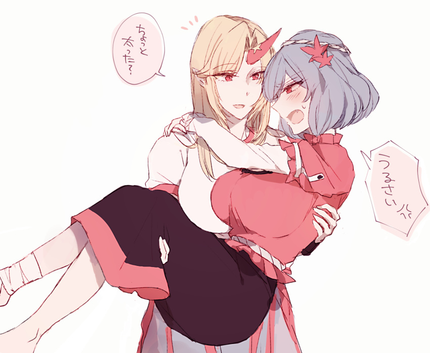 2girls bandage blonde_hair blue_hair blush breasts bura eyebrows_visible_through_hair hoshiguma_yuugi large_breasts legs long_sleeves looking_at_another looking_at_each_other multiple_girls open_mouth red_eyes short_hair simple_background sweatdrop text touhou translated white_background yasaka_kanako yuri