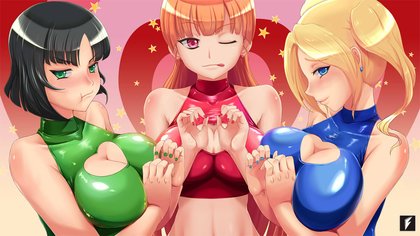 3girls black_hair blonde_hair blossom_(ppg) blue_eyes breasts bubbles_(ppg) buttercup_(ppg) cleavage cutout_cleavage earring green_eyes large_breasts long_hair multiple_girls nail_polish orange_hair pink_eyes powerpuff_girls short_hair twintails