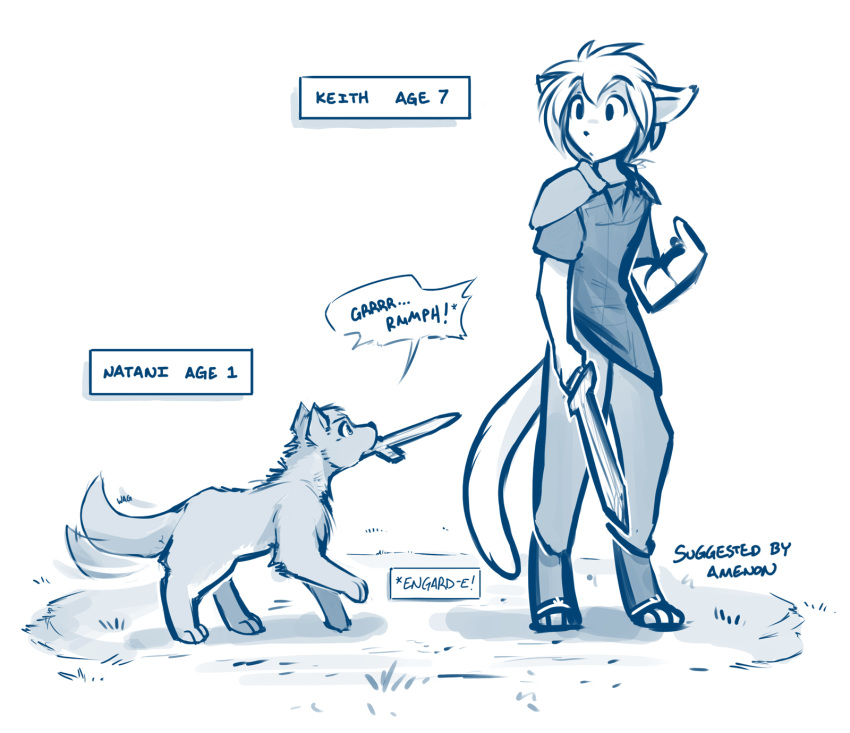 2018 aged_down anthro basitin canine clothed clothing cub cute digitigrade duo female feral feralized growling hi_res holding_object keidran keith_keiser male mammal monochrome natani object_in_mouth pointing_at_self simple_background sketch tailwag tom_fischbach twokinds webcomic white_background wolf wooden_sword young