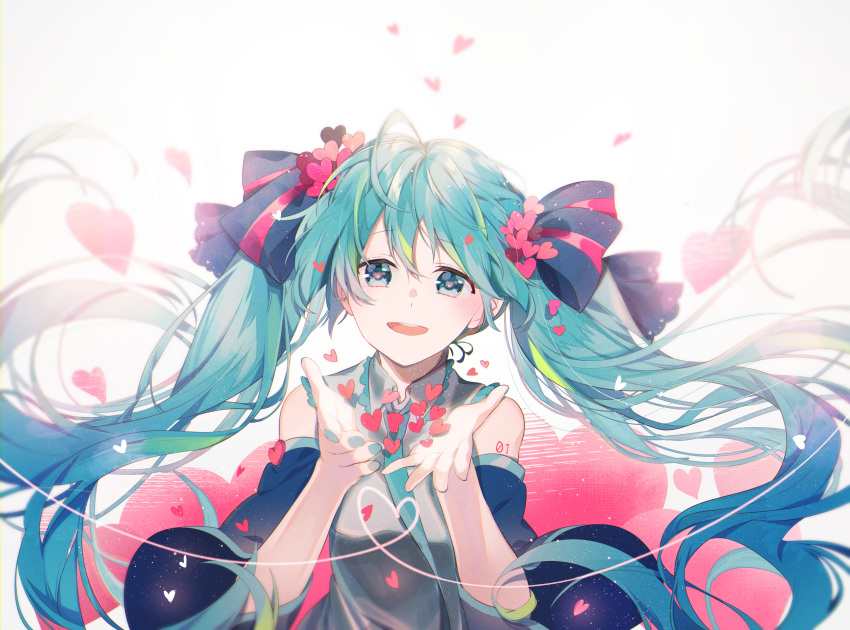 backlighting commentary_request detached_sleeves floating_hair green_eyes green_hair hatsune_miku heart highres long_hair nail_polish necktie omutatsu open_mouth solo twintails upper_body very_long_hair vocaloid