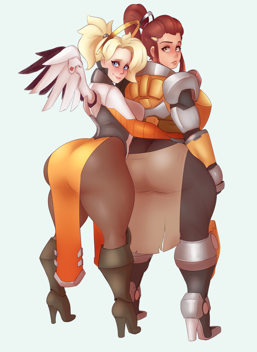 2girls armor ass blonde_hair blue_eyes brigitte_lindholm brown_eyes brown_hair eyebrows lips long_hair matching_hair/eyes mercy_(overwatch) multiple_girls overwatch ponytail simple_background sunnysundown tied_hair