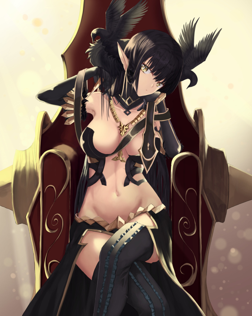 absurdres bare_shoulders bird black_dress black_hair breasts cleavage commentary_request crossed_legs detached_collar detached_sleeves dress fate/apocrypha fate/grand_order fate_(series) gold hand_on_own_cheek head_tilt highres jewelry large_breasts long_hair looking_at_viewer midriff navel necklace nekobell pointy_ears revealing_clothes semiramis_(fate) sitting solo thighhighs thighs throne very_long_hair yellow_eyes