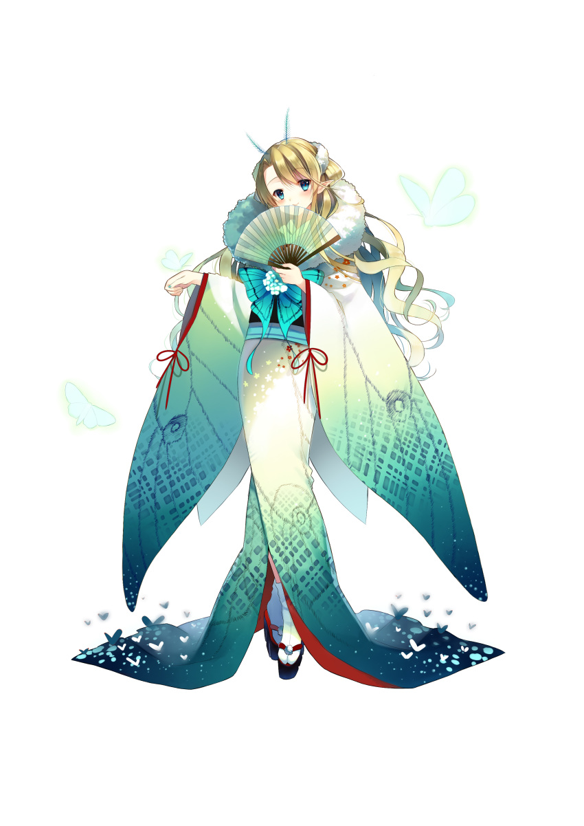 absurdres antennae bangs blonde_hair blue_eyes blue_nails blush bug closed_mouth commentary_request eyebrows_visible_through_hair fan fingernails folding_fan full_body fur_trim gradient gradient_clothes highres holding holding_fan insect japanese_clothes jiji_(381134808) kimono long_sleeves looking_at_viewer moth nail_polish obi original platform_footwear pointy_ears red_pupils sandals sash simple_background smile solo standing tabi white_background white_legwear wide_sleeves