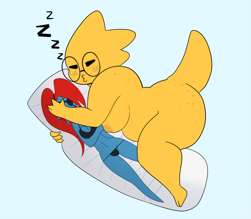 2017 alphys areola big_breasts blush body_pillow bra breasts clothing dakimakura_design dakimakura_pillow eye_patch eyewear female fish glasses lizard marine nipples panties pillow reptile scalie short_stack sleeping slightly_chubby somescrub undertale underwear undyne video_games