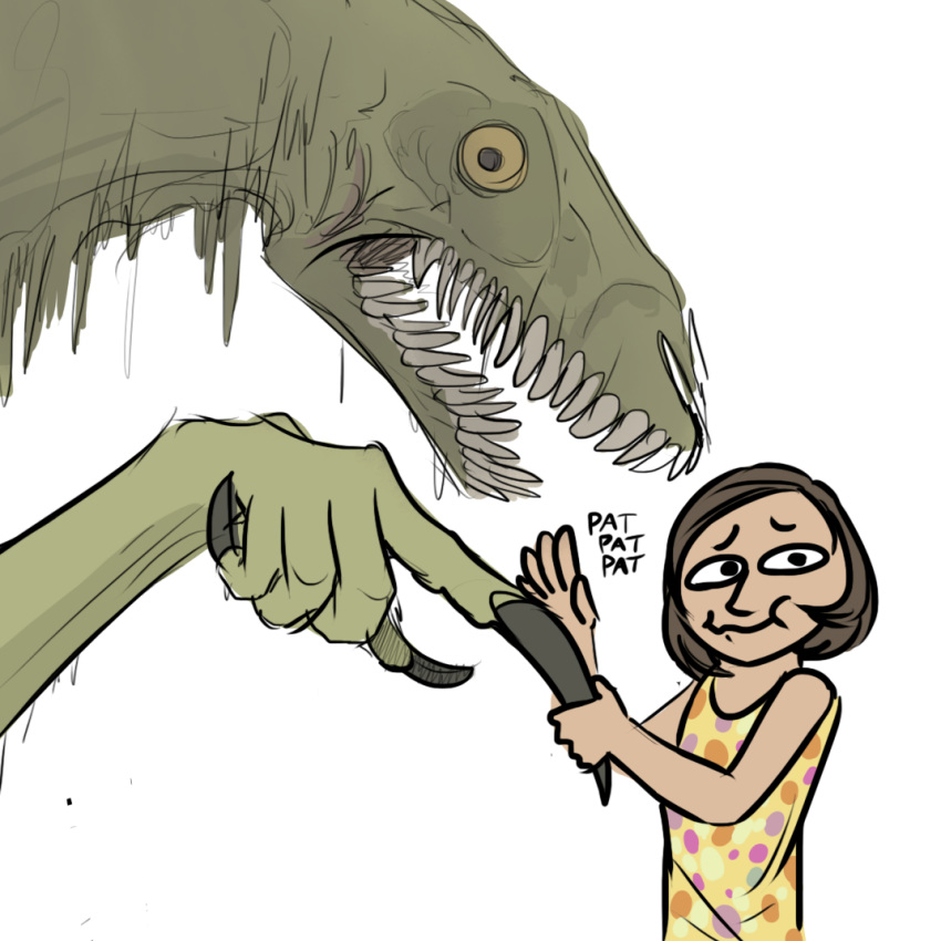 ambiguous_gender brown_hair cute_fagn duo female feral hair hi_res human kea_(artist) lizard mammal monster reptile scalie scp-053 scp-682 scp_foundation teeth text young