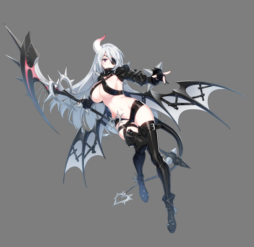 1girl absurdres boots breasts cleavage closers demon_tail eyepatch full_body gloves highres horn large_breasts leg_up levia_(closers) long_hair nail_polish official_art partly_fingerless_gloves scythe short_shorts shorts sideboob silver_hair simple_background smile solo tail thigh_strap thighs transparent_background underboob very_long_hair weapon