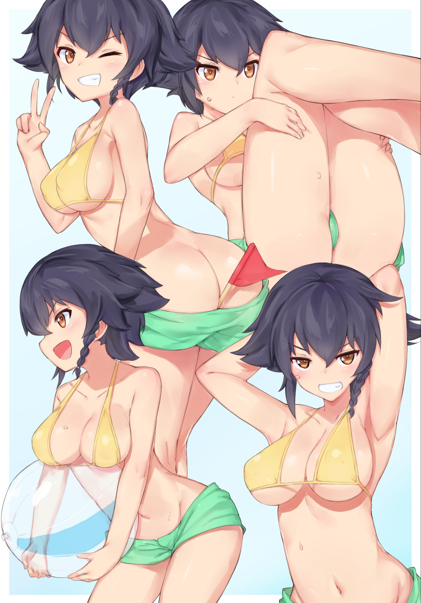 ;d absurdres armpits arms_behind_head arms_up ass back ball bare_legs beachball bikini_top black_hair blue_background blush braid breast_rest breasts brown_eyes cleavage closed_mouth collarbone covered_nipples debutya_aki flag girls_und_panzer green_shorts grin highres holding holding_ball large_breasts leaning_forward legs_up looking_at_viewer looking_back lying multiple_views navel on_back one_eye_closed open_mouth outside_border pepperoni_(girls_und_panzer) profile short_hair short_shorts shorts shorts_pull side_braid sideboob simple_background smile stomach string_bikini sweatdrop teeth thighs transparent tsurime twisted_torso underboob upper_body v v-shaped_eyebrows yellow_bikini_top