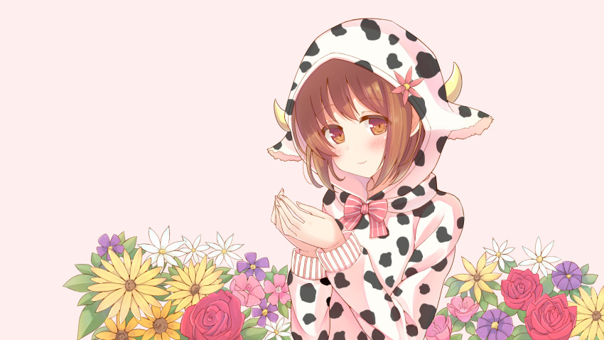 animal_ears animal_print blush bow brown_background brown_eyes brown_hair closed_mouth cow_ears cow_hood cow_horns cow_print fingernails flower hair_flower hair_ornament hands_up highres hood hoodie horns long_sleeves makiaato nail_polish original pink_bow pink_flower pink_nails purple_flower red_flower red_rose rose simple_background smile solo striped striped_bow white_flower yellow_flower